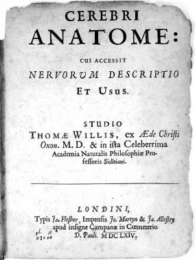 Title page of Dr. Thomas Willis' Cerebri Anatome. 