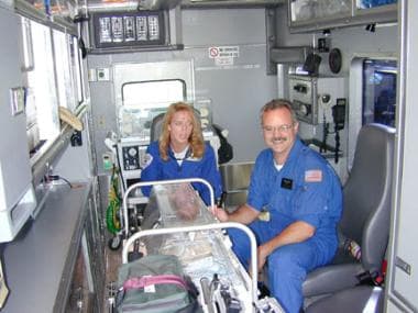 Interior of an ambulance configured for neonatal g