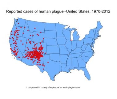 Reported cases of human plague in US 1970-2012. Co