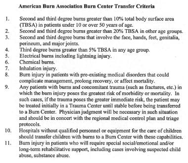 American Burn Association has developed a set of c