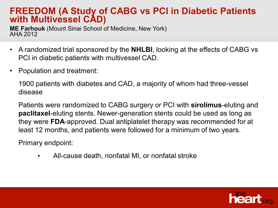 Freedom a study of cabg vs pci in diabetic patients with multivessel cad 