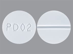 This medicine is a white, round, scored, tablet imprinted with "PD02".