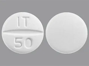 This medicine is a white, round, scored, tablet imprinted with "IT  50".