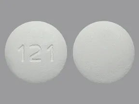 This medicine is a white, round, film-coated, tablet imprinted with "121".