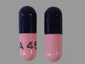 This medicine is a pink blue, oblong, capsule imprinted with "A 45".
