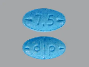 This medicine is a blue, oval, multi-scored, tablet imprinted with "7.5" and "d p".