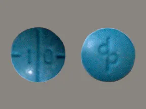 This medicine is a blue, round, multi-scored, tablet imprinted with "d  p" and "1 0".