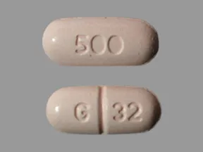 This medicine is a light orange, oblong, scored, tablet imprinted with "G 32" and "500".