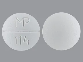 This medicine is a white, round, scored, film-coated, tablet imprinted with "MP  114".