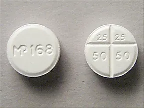 This medicine is a white, round, double-scored, tablet imprinted with "MP 168" and "25 25  50 50".