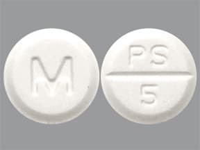 This medicine is a white, round, scored, tablet imprinted with "M" and "PS  5".