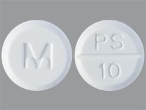 This medicine is a white, round, scored, tablet imprinted with "M" and "PS  10".