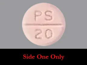 This medicine is a peach, round, scored, tablet imprinted with "M" and "PS  20".