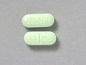 This medicine is a light green, oblong, scored, film-coated, tablet imprinted with "ZOLOFT" and "25 MG".