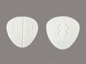 This medicine is a white, triangular, scored, tablet imprinted with "P d" and "8".