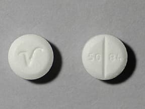 This medicine is a white, round, scored, tablet imprinted with "logo" and "50 84".