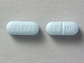 This medicine is a light blue, oblong, scored, film-coated, tablet imprinted with "ZOLOFT" and "50 MG".
