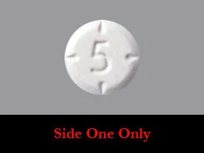 This medicine is a white, round, partially scored, tablet imprinted with "5" and "dp".