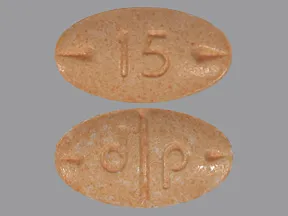This medicine is a peach, oval, multi-scored, tablet imprinted with "15" and "d p".