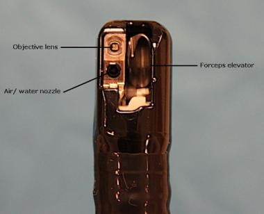 View of duodenoscope tip. Note that elevator is in