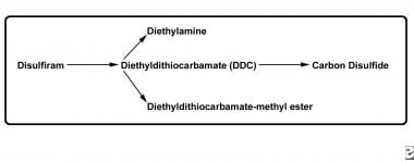 Disulfiram, prodrug for active metabolites. 