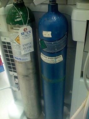 Oxygen and nitrous oxide tanks used in anesthesia 