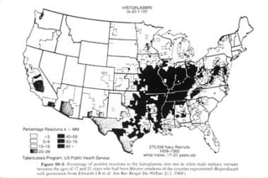 Map demonstrates the distribution of histoplasmin 