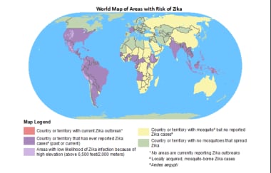 World map of areas with color-coded risk for Zika 