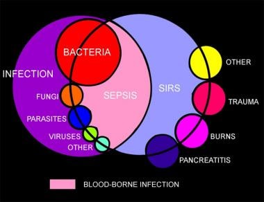 Venn diagram showing the overlap of infection, bac