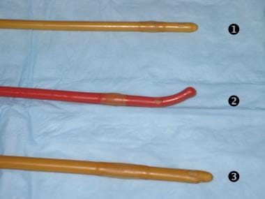 Urethral catheter types: 1) Straight tip; 2) Coude