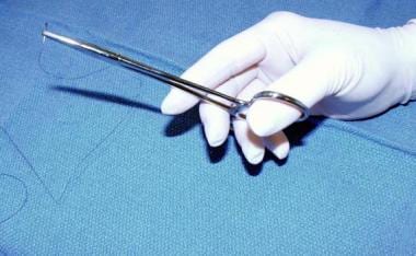 Needle holder is held through loops between thumb 