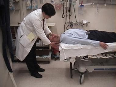Epley maneuver. Turn the patient's head 90° in the