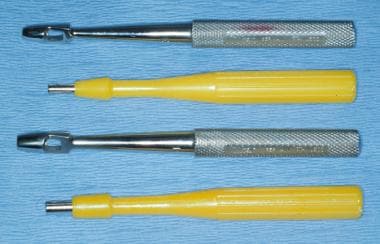 Biopsy punches come in a variety of sizes and in b