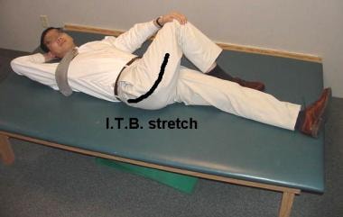 Photo demonstrates method of stretching iliotibial