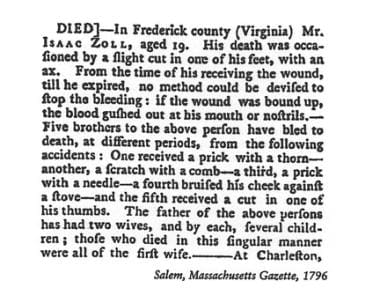Obituary in the Salem Gazette (Massachusetts) of a