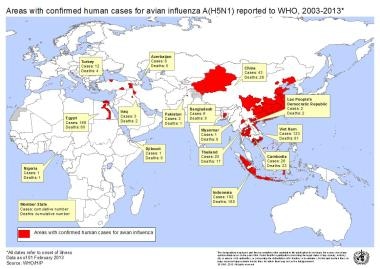 Countries where avian influenza has been reported.