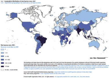 WHO map showing new cases of new leprosy cases, 20
