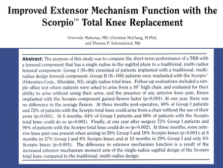 Improved Extensor Mechanism Function With the Scorpio Total Knee Replacement