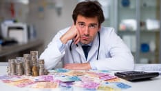 photo of A weary doctor in a white coat rests his head on his hand, surrounded by piles of coins and Euro banknotes on a desk
