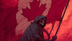 photo of An illustration of the Grim Reaper in a dark cloak holding a tattered Canadian flag against a fiery red, smoky sky.