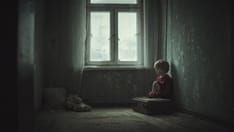 photo of A young boy sits alone in a dark, dilapidated room by a window, huddled beside an old suitcase with a somber express