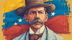 photo of A gritty illustration of a mustachioed man in a fedora and suit against a background resembling the Venezuelan flag.