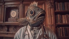 photo of An image of a person wearing a large, realistic fish head mask and a white doctors coat with a stethoscope.