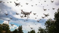 photo of Dozens of Drones Swarm in the Ominous Sky. Dozens of Drones Swarm in the Cloudy Sky.