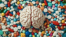 photo of The human brain surrounded by colorful pills and capsules symbolizing mental health. Model of a human brain resting 