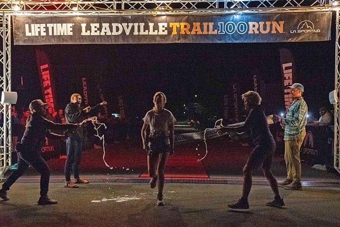 photo of  Anne Flower finishing the Leadville Trail 100-mile ultramarathon.
