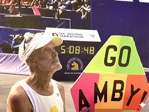 photo of Amby Burfoot at the finish line of the 2024 running of the Boston Marathon.