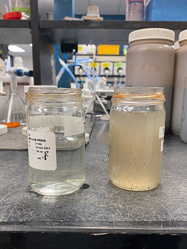 photo of Treated water, left, compared to untreated water, right.