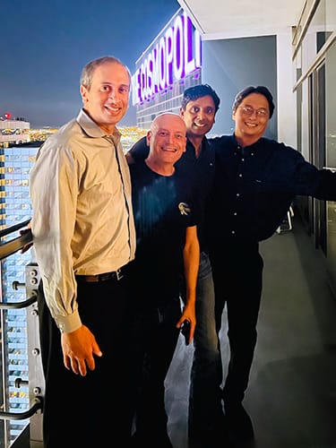 photo of Phani Dantuluri, MD, Erik Sirulnick, MD, Srihari (Hari) Naidu, MD, and Andy Fujimoto, MD, on a trip to Las Vegas.