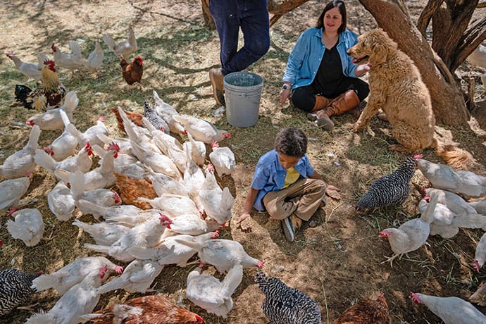 photo of Julie Augenstein and her son at their family farm, Henry's Eggs